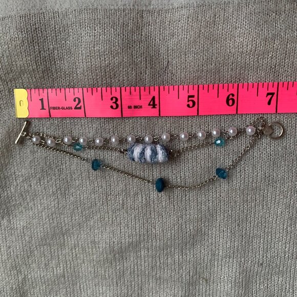 Creation - Recycle fabric Pompom bracelet beads chains White blue - Picture 5 of 5